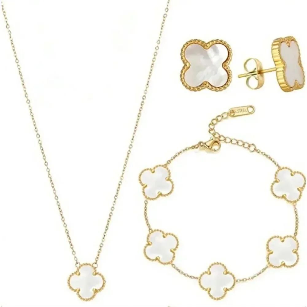 18K Gold Plated White Alhambra  Clover Earrings Bracelet & Necklace Set